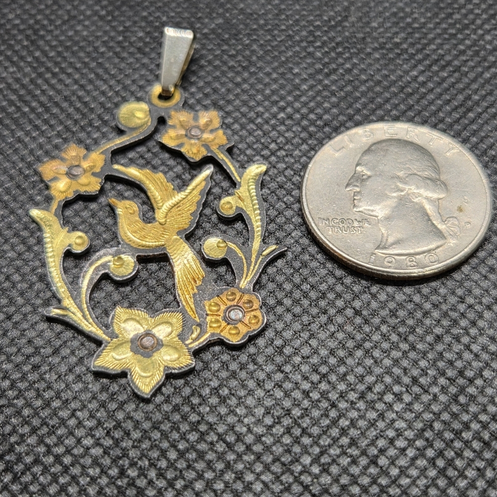 Damascene Floral Bird Cut-out Pendant